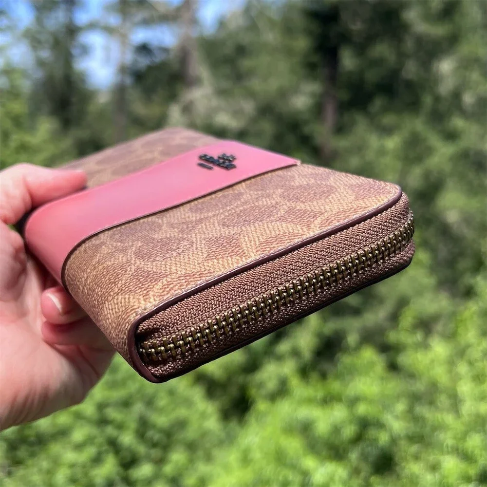 COACH Long Zip-Around Wallet Tan/Pink Signature Canvas & Leather w Gold Hardware